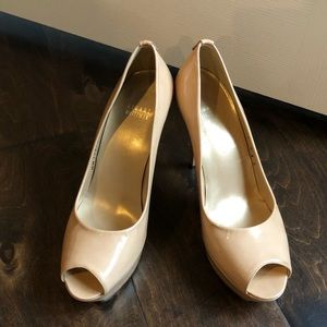 Stuart Weitzman Nude Peep Toe Patent Pumps